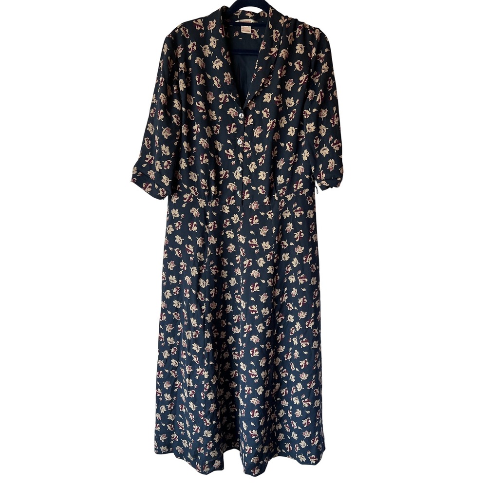 Sundance‎ Silk Floral Maxi Length Dress Navy Blue Short Sleeve Size 10